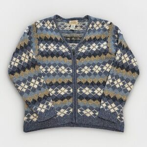 VTG St. John's Bay Women's Med Wool Zip Up Sweater Fair Isle Blue Cardigan Cabin